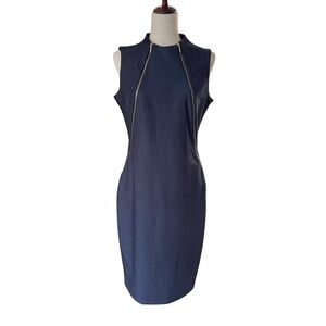 Calvin Klein Sheath Dress Womens Blue Gold Zipper Mock Neck Sleeveless sz 8